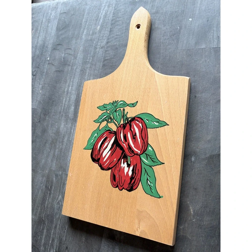 Vintage Wooden Cutting Board Hand Painted Red Bell Pepper Kitchen Decor Handle